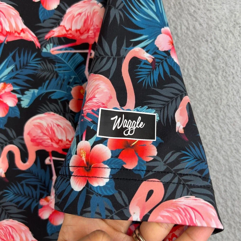 Waggle Mens Golf Polo Shirt Large Flamingo Hibiscus Floral Tropical Short Sleeve - Picture 3 of 7